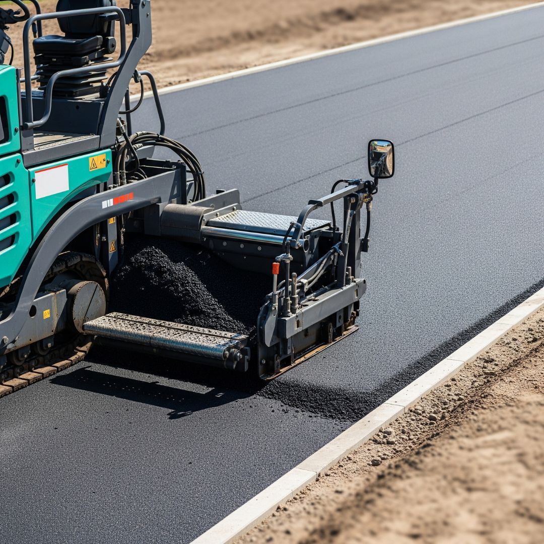 Modern asphalt paving machinery laying a smooth blacktop surface on a road.