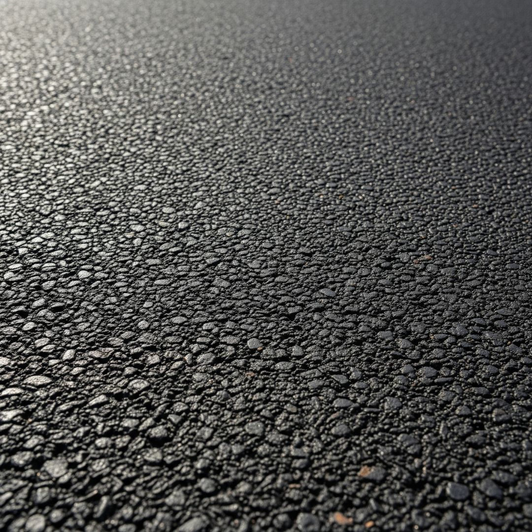 A close-up view of the high-quality texture of a new asphalt pavement.