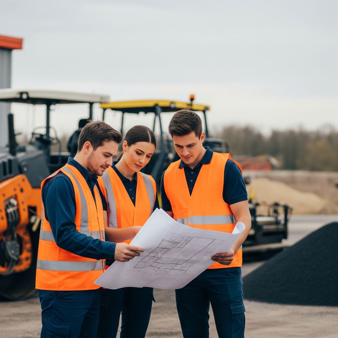 A team of professional paving contractors reviewing project plans for a private road.