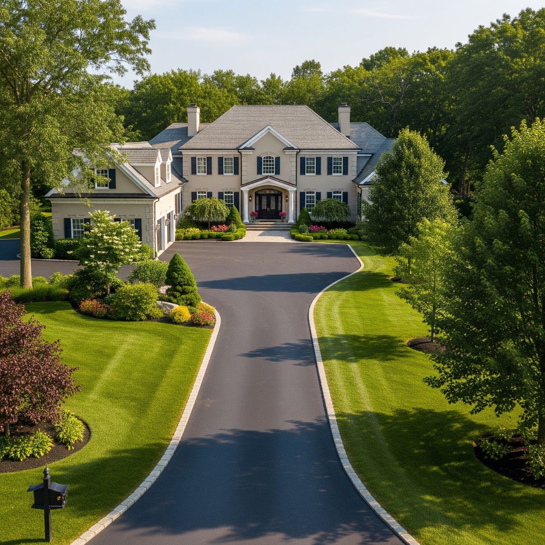 A beautiful home with a long, well-maintained private asphalt driveway.