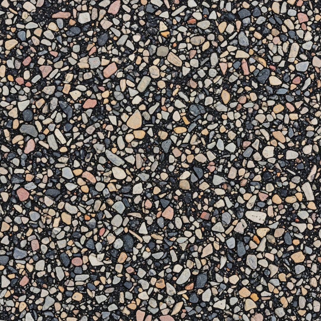 A detailed close-up showing the texture of a tar and chip seal pavement.