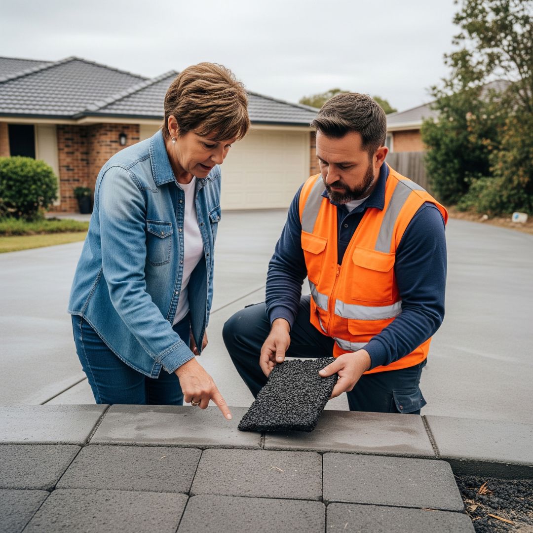 A homeowner and contractor discussing driveway surface options and durability.