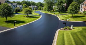 A pristine, newly paved private asphalt road in a beautiful suburban setting.