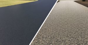 A split-screen image comparing a smooth asphalt driveway to a textured chip seal driveway.