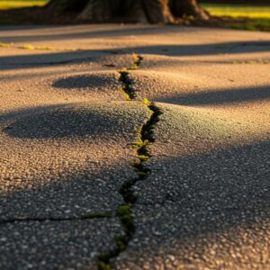 A close-up of an asphalt driveway with visible cracks and bumps caused by tree roots pushing up from underneath