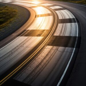 road with shiny polished asphalt patches caused by heavy traffic, visible tire wear patterns