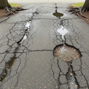 A cracked asphalt driveway with water seeping into gaps