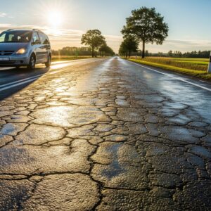 two-lane asphalt road with visible shiny worn patches, one mini-van driving, sunlight reflecting off the asphalt surface