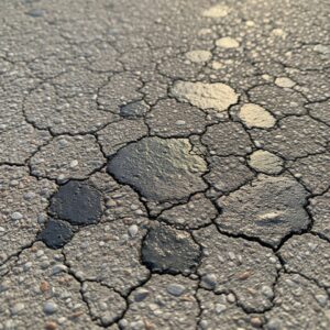 aged asphalt showing faded color, cracks, and shiny smooth spots from binder oxidation