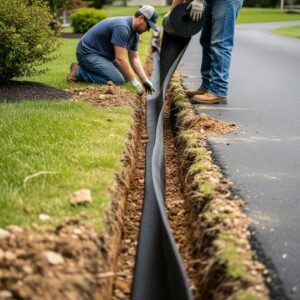 Construction workers installing a root barrier beside an asphalt driveway