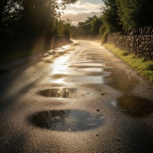 Paved road with visible puddles and smooth shiny patches caused by poor drainage