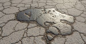 aged asphalt showing faded color, cracks, and shiny smooth spots from binder oxidation