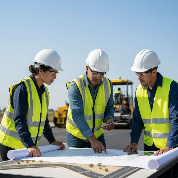Workers surrounding a blue print