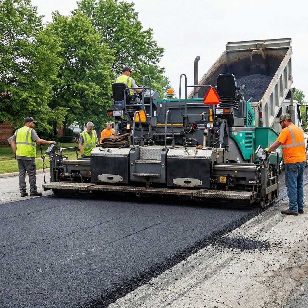 A paving crew applies a new layer of asphalt over an older pavement surface.