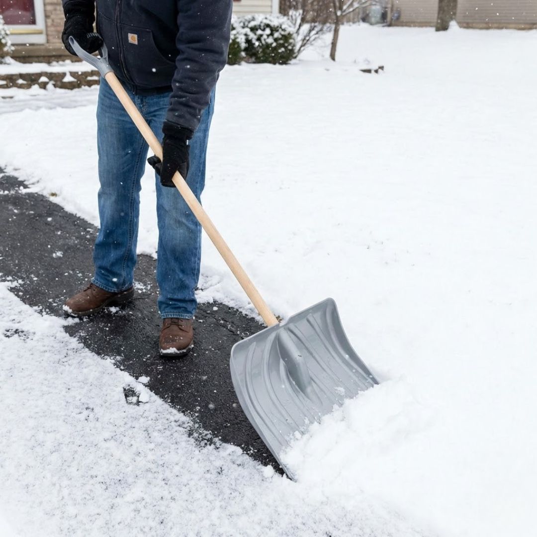 A person shovels fresh snow from a residential asphalt path using a plastic shovel.