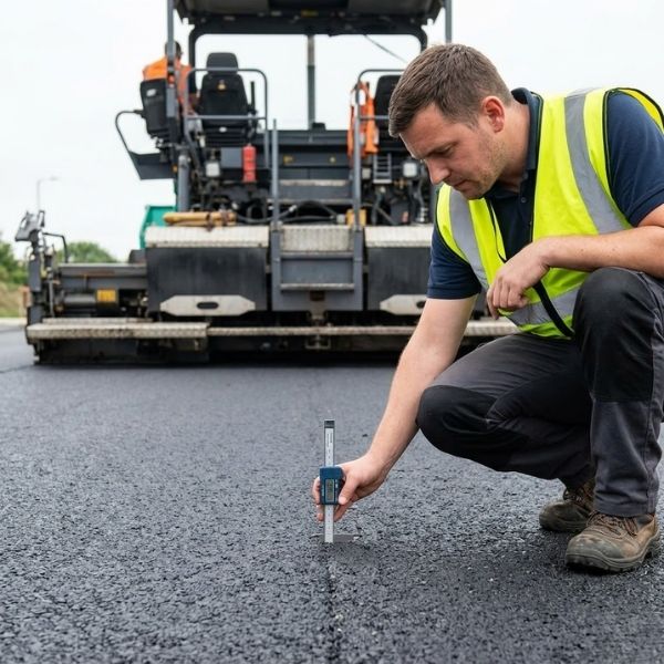 A quality control technician in a safety vest measures asphalt thickness with a digital tool on a job site.