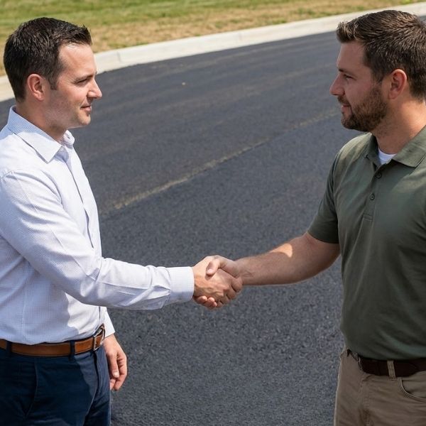 Two professionals shake hands over rolled project plans on fresh asphalt under daylight.
