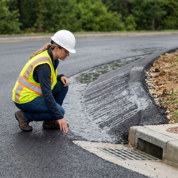 A female engineer in a safety vest observes water runoff patterns on new asphalt during light rain.