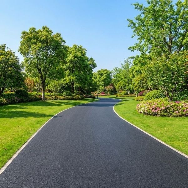 A smooth, dark asphalt walkway curves gently through a vibrant green, professionally landscaped park.